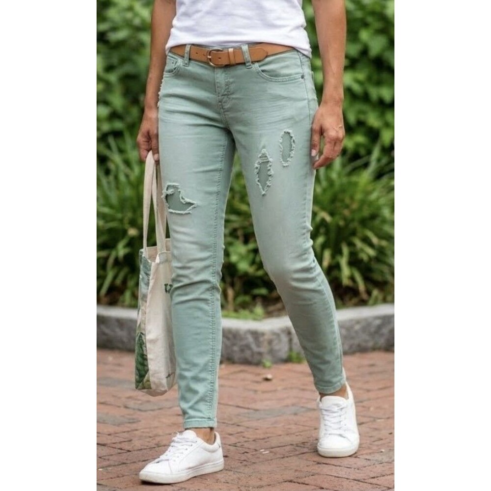 2B Bebe Serena Pants Women Size 34 Distressed Skinny Jeans Green Denim Pockets